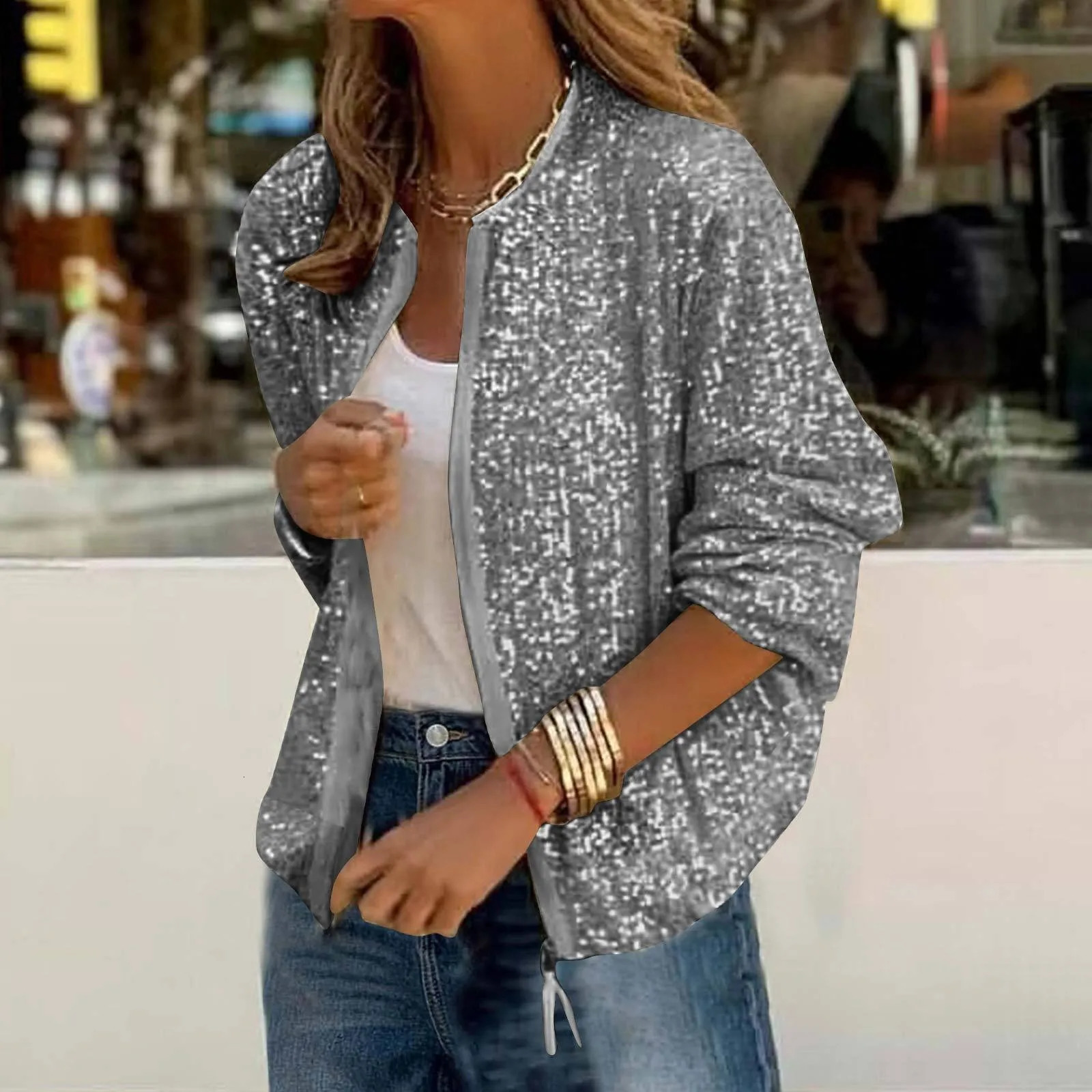 Women Elegant All Zipper Suit Jacket Coat Casual Autumn Spring Glitter Sequins Long Sleeve Stylish Commute Short Cardigan Jacket 250527