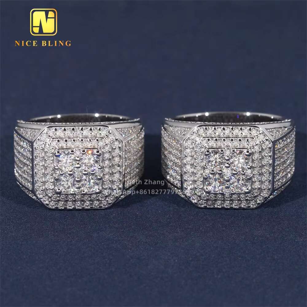 Half Iced Out Jewelry Hip Moissanite Diamond Ring 925 Sterling Silver Square Shape Men Engagement Ring for Wedding Party
