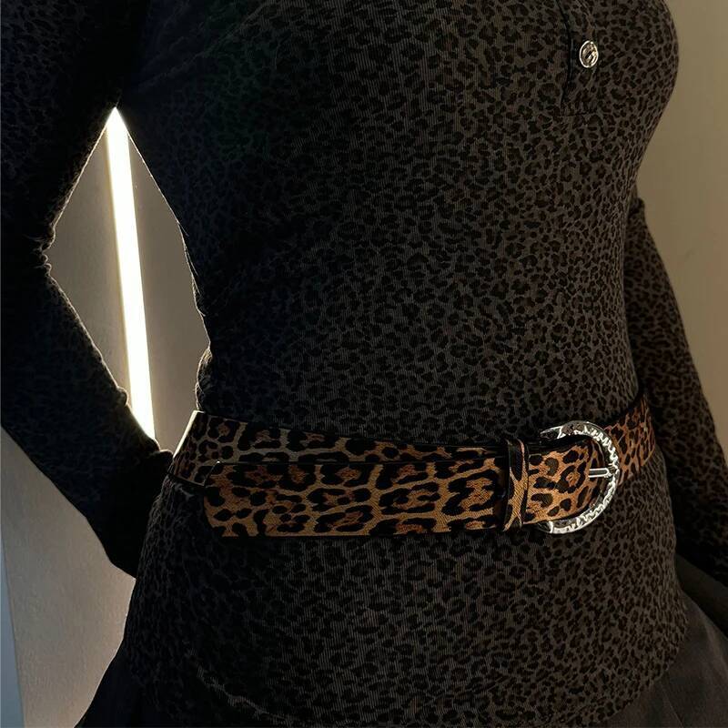 Leopard Print Pu Women'S Belt Hip Hop Y2k Girls Jeans Accessories Girdle Goth Retro Leather Gold Pin Buckle Waistband