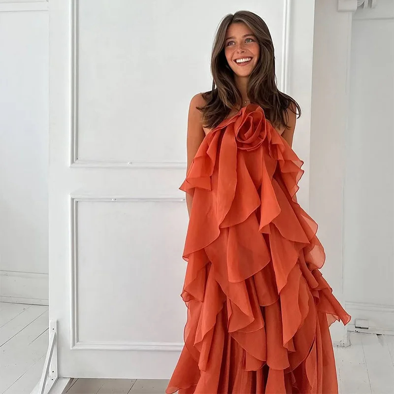 Women Casual Dresses Sexy Ruffles Long Dress Women Flower Backless Sleeveless Solid Party Beach Dresses Female 2025 Summer Lady Multi Layers Robes
