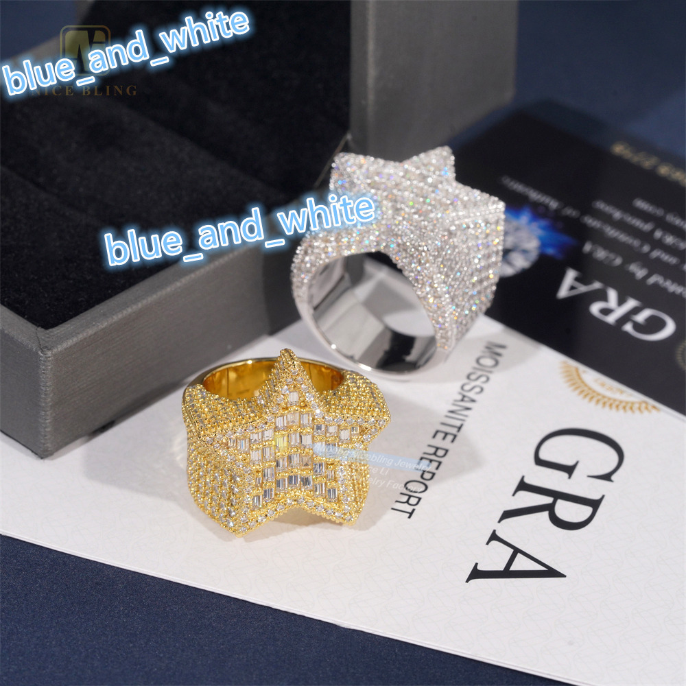 New Arrival Moissanite Hip Hop Men Ring Sterling Silver 925 Gold Plated Iced Out Baguette Moissanite Star Ring for Men
