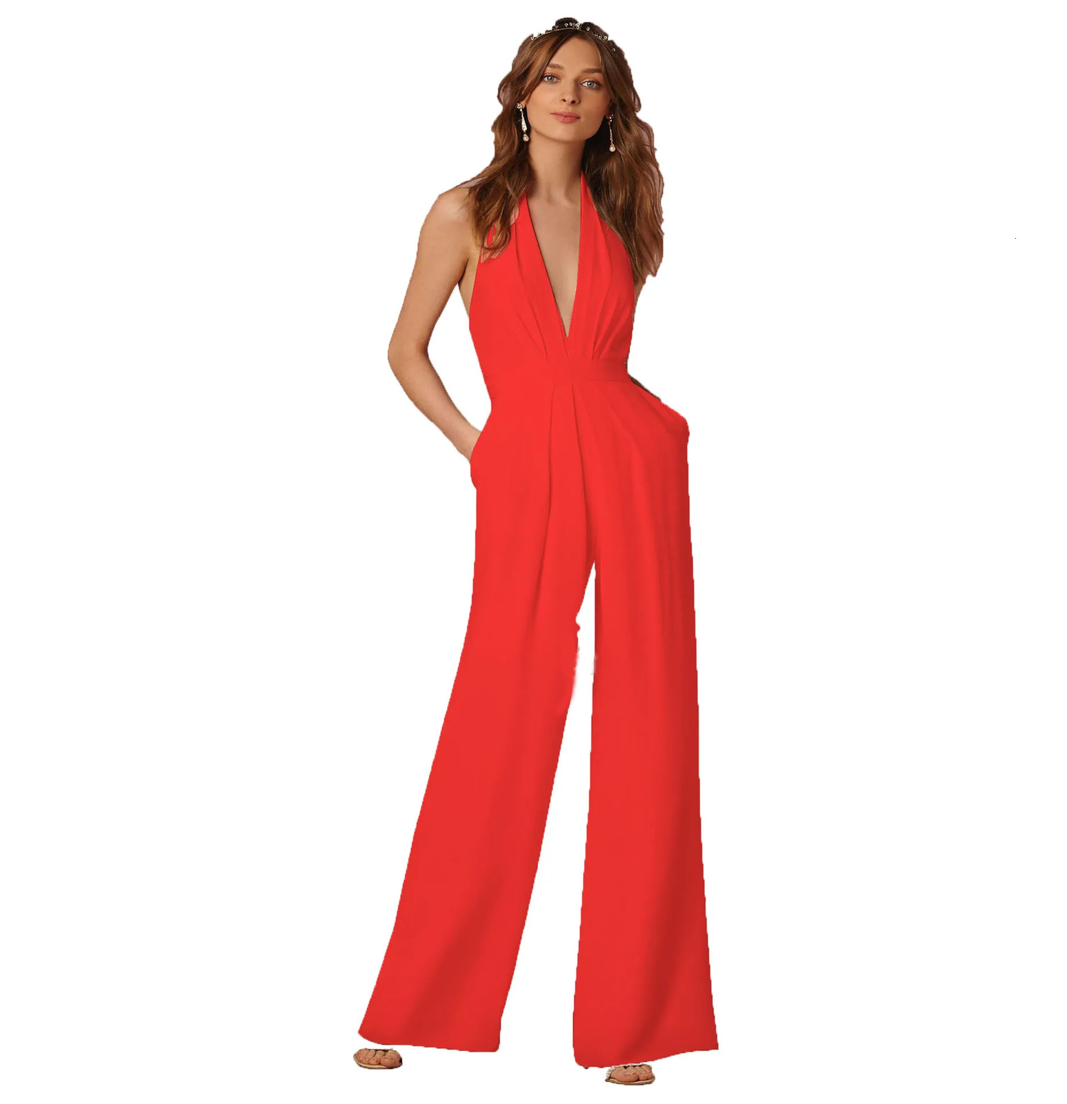 Jumpsuits Women Sexy Playsuits Deep V-neck Sleeveless Halter Neck Backless High Waist Wide Leg Jumpsuit Elegant Party Banquet 250527