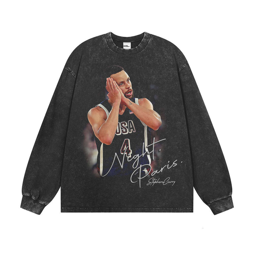 Curry Sleep Paris Goodnight Short Sleeve T-Shirt Men American Street Style Printed Washed Tee