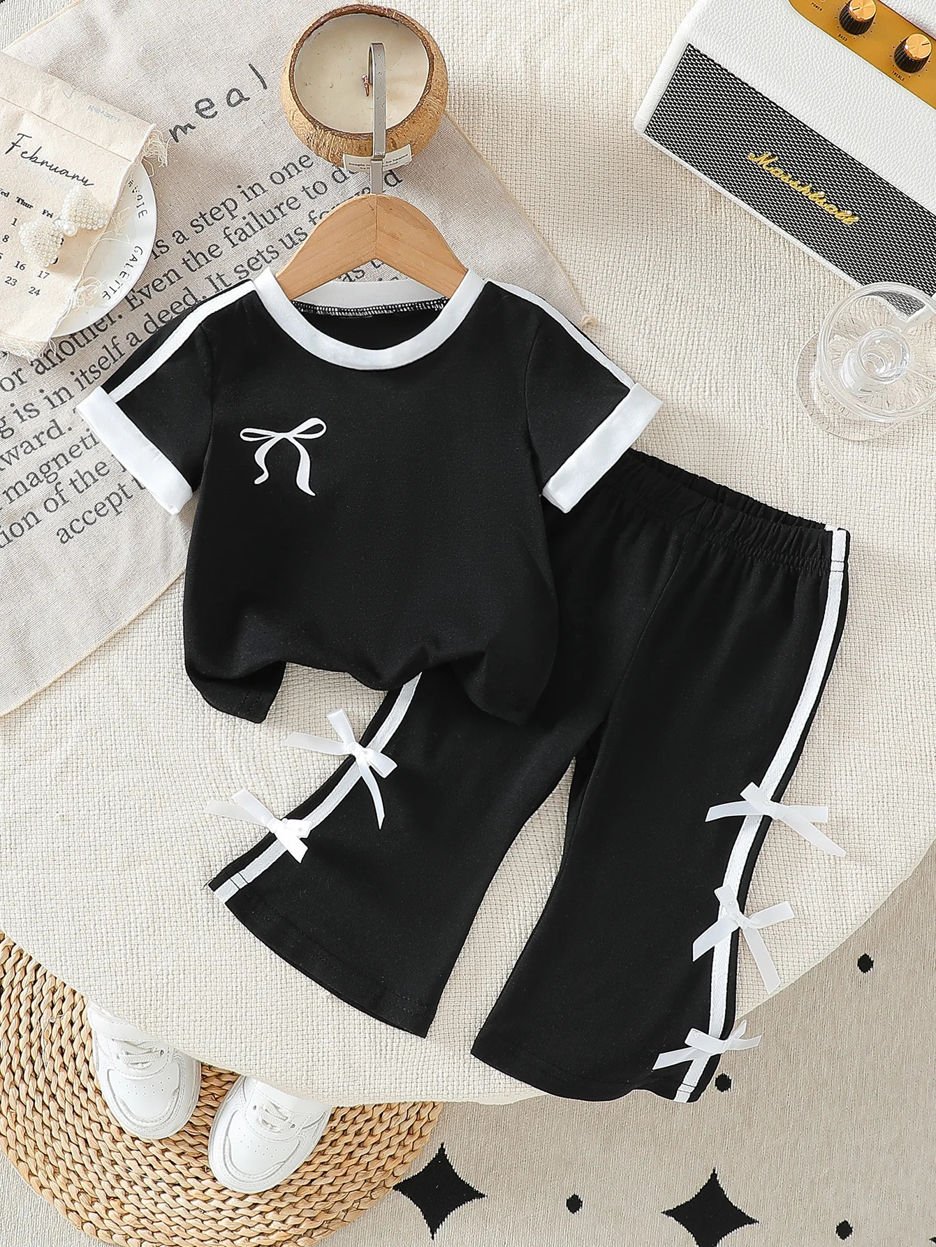 Summer Solid Color Bowknot Short-Sleeved T-Shirt and Solid Color Flared Long Pants Two-Piece Set 250527
