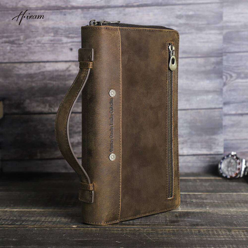 Crazy Horse Cowhide Leather Men Clutch Bags Wallet Wrist Long Purse Handy Pocket Large Capacity Multifunction Wallets Male