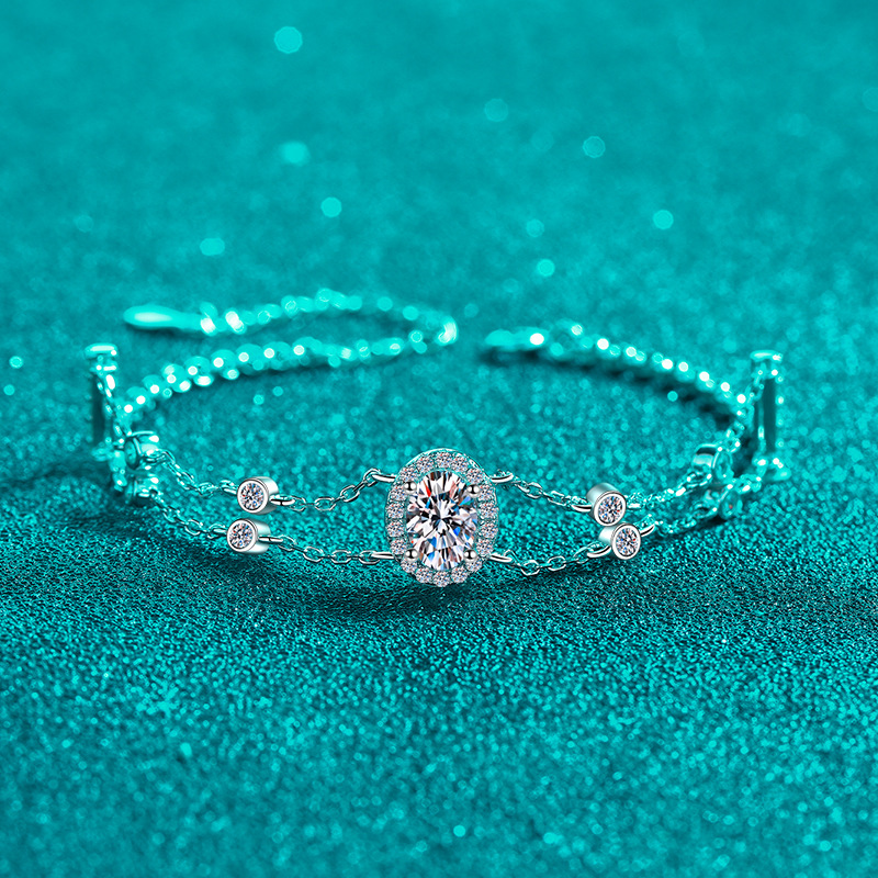 925 Sterling Silver Double Chain Moissanite Bracelet with Blue Oval-Cut Stone, Platinum Plated, Hypoallergenic, Adjustable Fit, Elegant Minimalist Jew