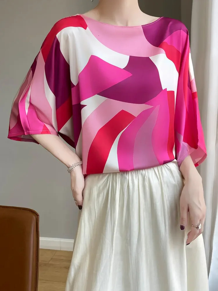 Summer Artificial Silk Satin Blouse Tee Women Slash Neck Thin Smooth T-shirt Silky Drop Shoulder Half Sleeve Loose Shirt Tops 250530