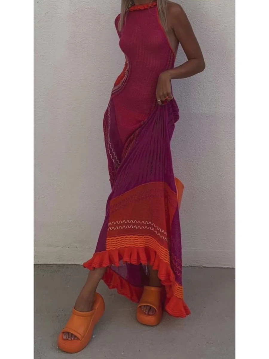 Combhasaki Women Y2K Vintage Contrast Color Hollow-Out See-Through One Shoulder Long Sleeve Bikini Cover-Ups Long Knitted Dress 250527