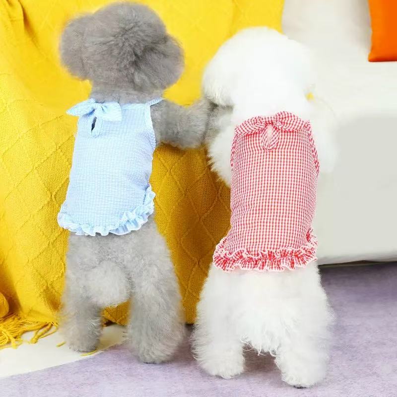 T00357 Dog clothes cute plaid bow suspender skirt pet spring and summer thin style dog cat Teddy Bichon Frise