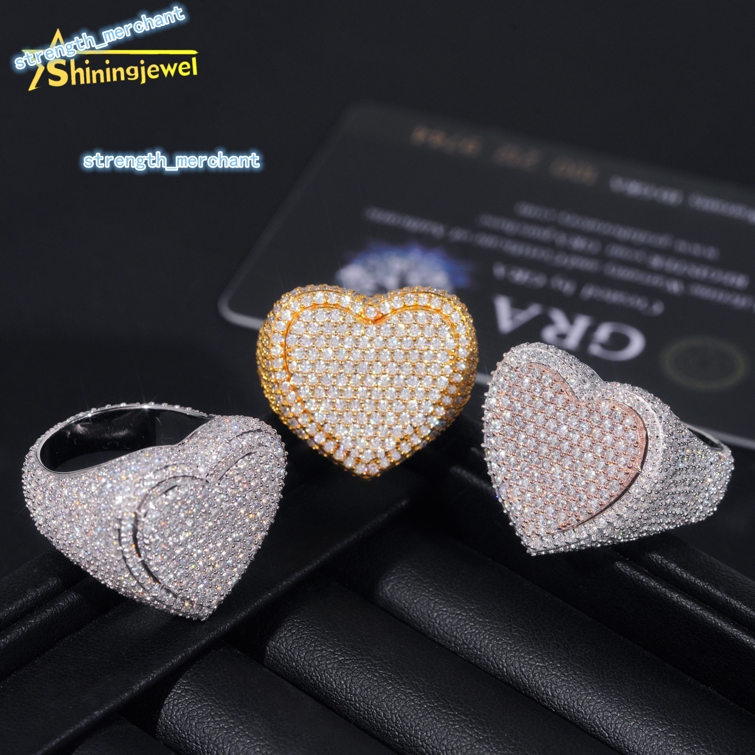 Fine Jewelry Gold Plated 925 Sterling Silver Fashion Hip Hop Men Rings Heart Shape Iced Out Ring Moissanite