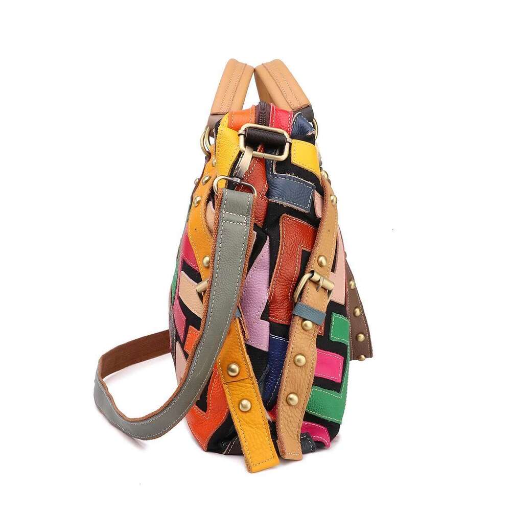 Designer Luxury Leather Geometric Pattern Multi-Color Color Patchwork Riveted Handbag Shoulder Crossbody Bag For Women
