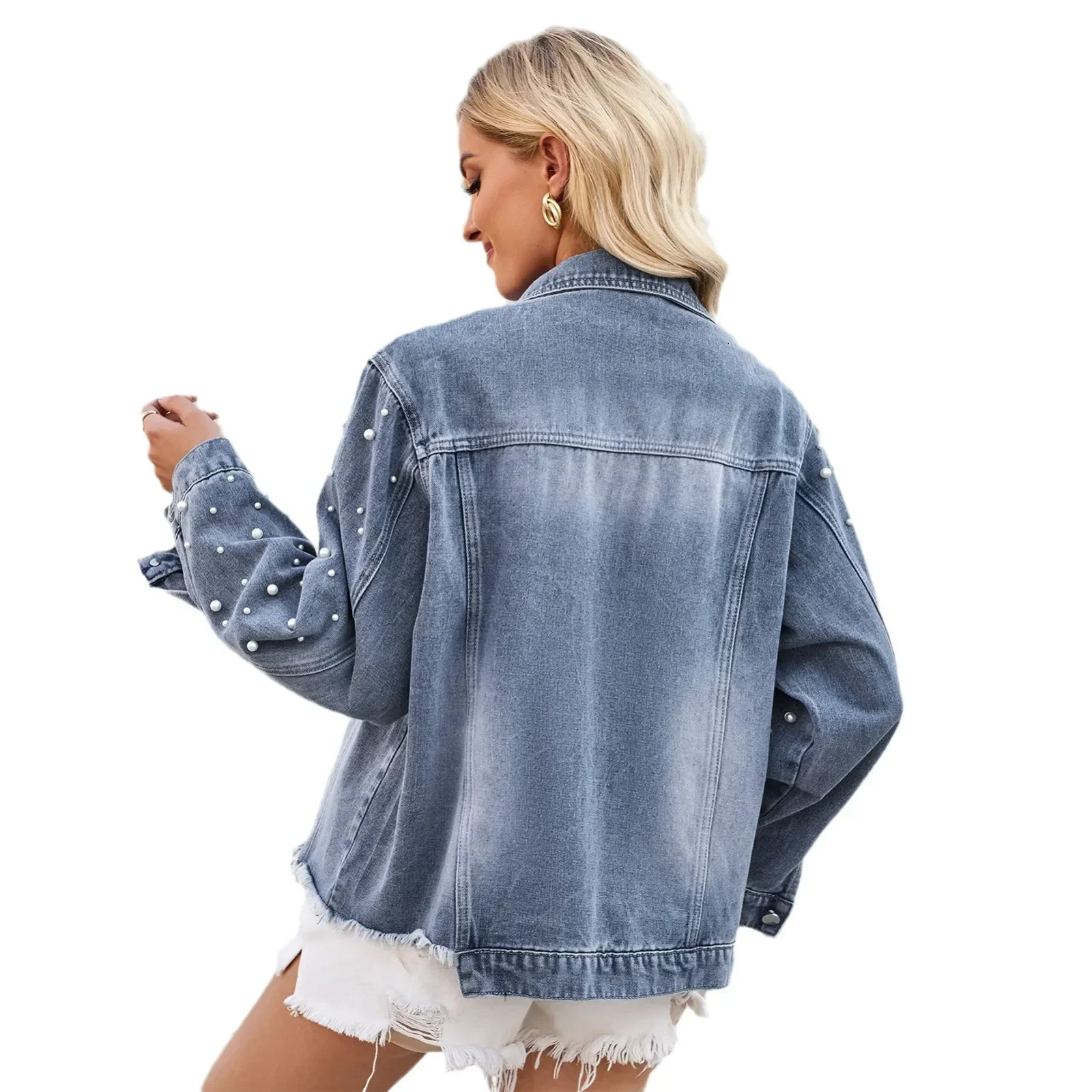 Women Jackets denim Single Breasted Denim Coat Full Length Cardigan Outerwear Pockets Pearls Solid Washing Slim High Street 250527