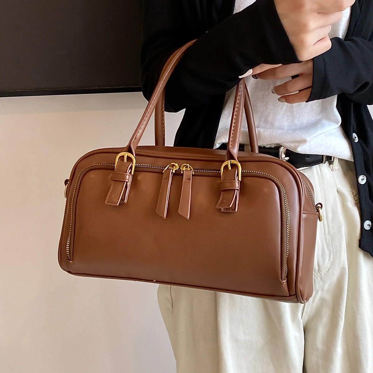 Vintage Handbags for Women Solid Pu Leather Tote Bags Large Capacity Female Commute Wide Strap Crossbody Packs 250530