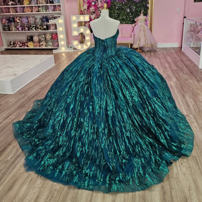 Blackish Green Quinceanera Dresses Ball Gown Off The Shoulder Applique Lace Beading Tull Party Birthday Sweet 16 Dress Vestidos
