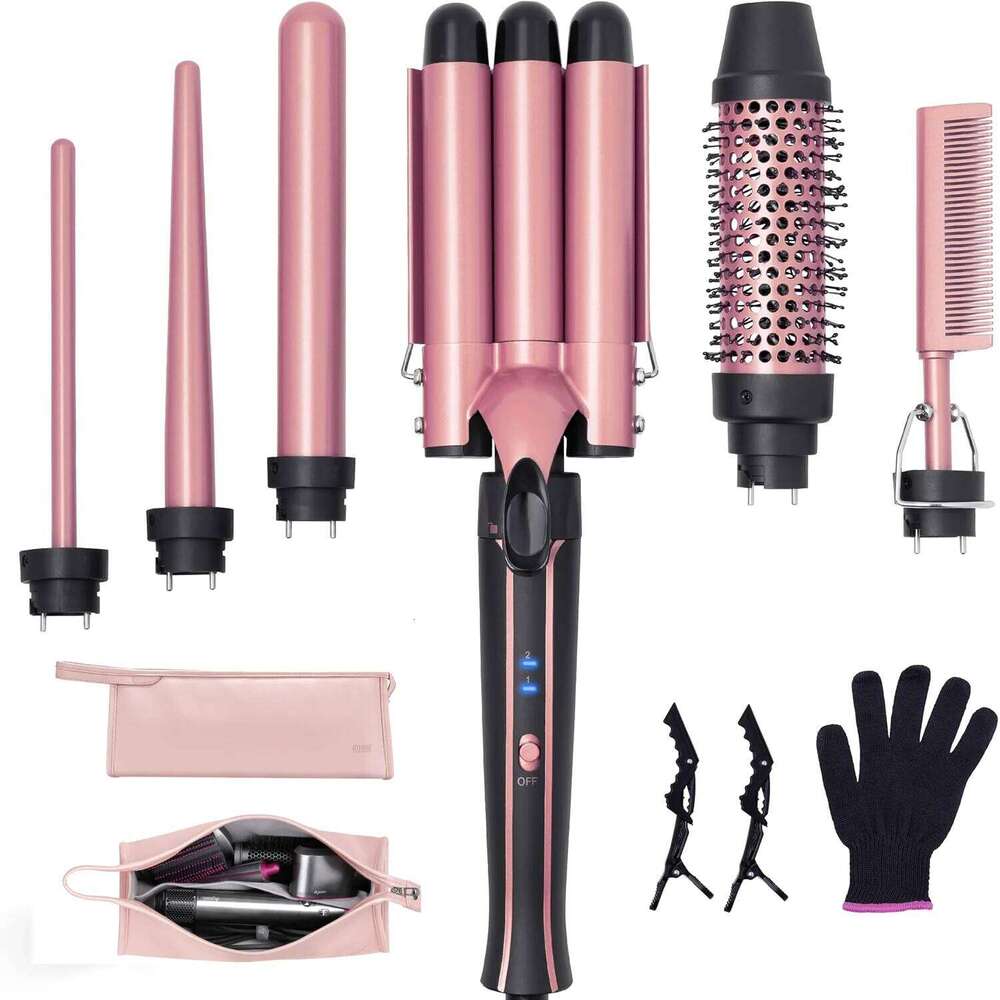 Wand Set 6-In-1 Curler With 3 Barrel Hair Crimper, Spiral Curling Iron - Fast Heating Styling Tools For Women