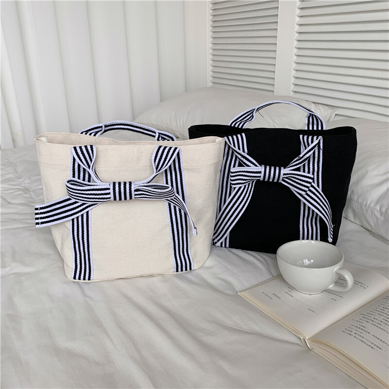 designer Fashion Versatile Korean Style Women's Bag with Bowknot Canvas Bag Lunch Bag Simple Fresh Handbag
