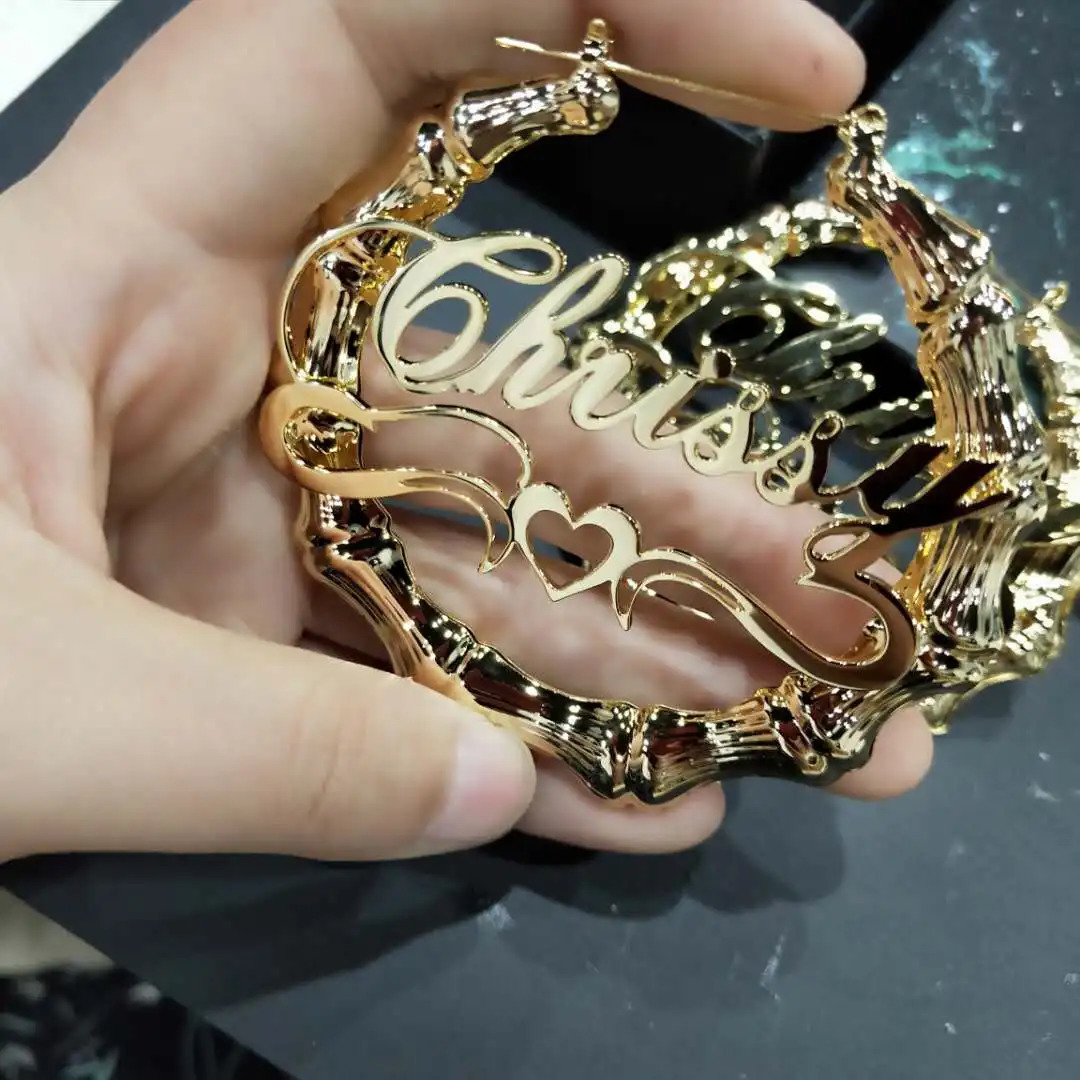 Stainless Custom Bamboo Earrings Heart Hoop Personalized Name Earrings Personalized Jewelry Letter Earrings for Women MOM Gift 250529