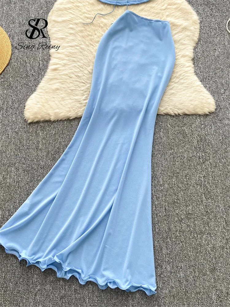 SINGREINY Backless Sexy Shiny Party Suits Women Halter Ruched Slim CamisElastic Long Skirt Fashion Solid Beach Two pieces Sets 250526