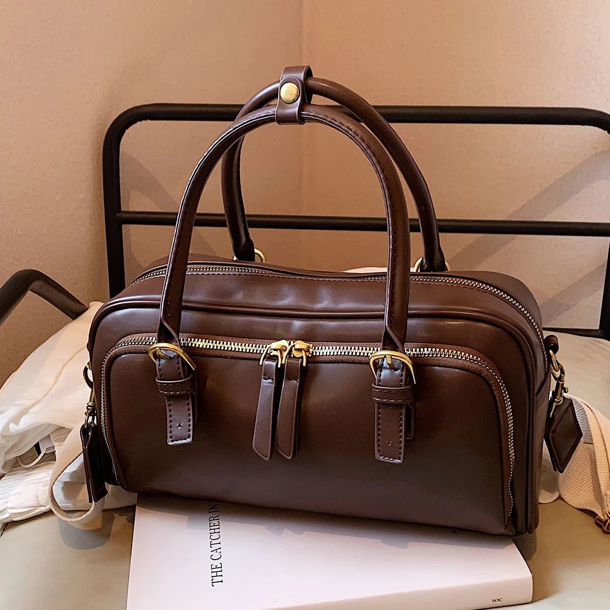 Vintage Handbags for Women Solid Pu Leather Tote Bags Large Capacity Female Commute Wide Strap Crossbody Packs 250530