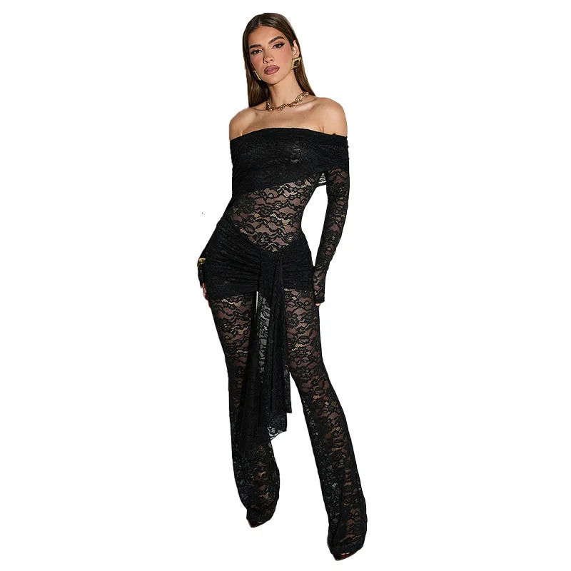 Summer Sexy Off Shoulder See Through Lace Women Jumpsuit Black Long Sleeve Bandage Romper Skinny Elegant Party Clubwear 250527