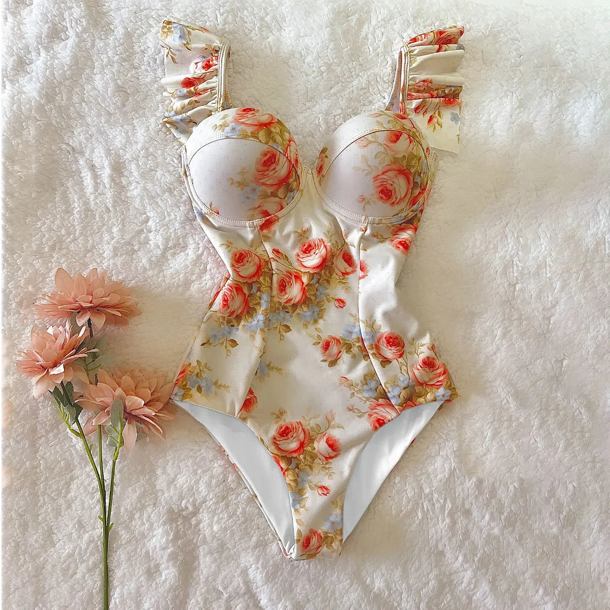 2025 Print Swimwear Deep V-neck Ruffle Swimsuit Push Up One Piece Swimsuit Beach Wear Backless Monokini 250530