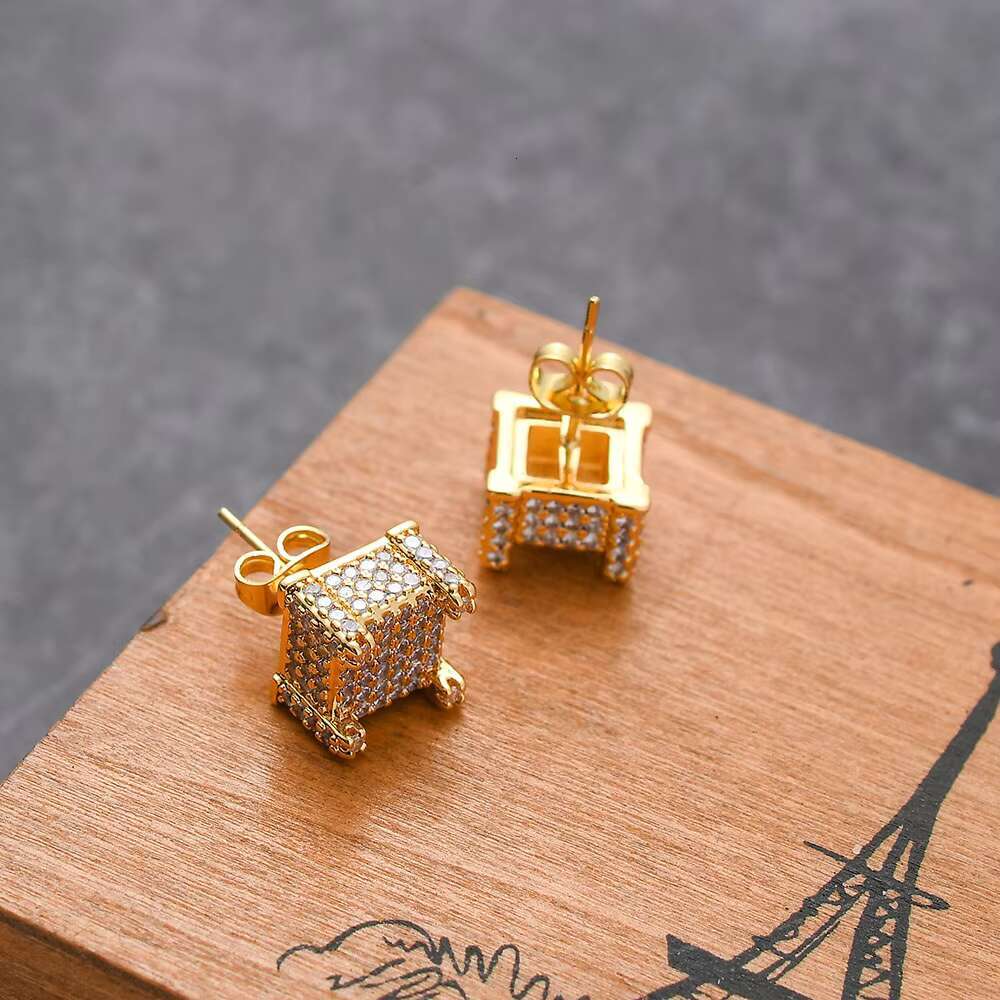 E004 Gold Plated Hip Hop CZ Stud Earrings Brass Setting Charm Style for Anniversary Occasions