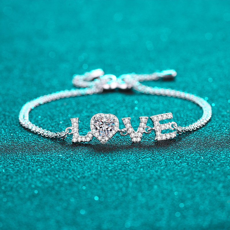 925 Sterling Silver LOVE Bracelet with Heart-Shaped Moissanite, Platinum Plated, Adjustable Chain, Perfect Gift for Valentine's Day
