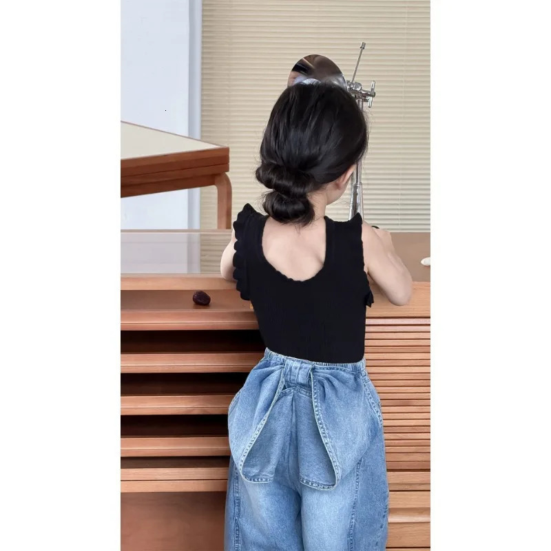 Summer Baby Girls Stylish Pants with Korean Bow Fashionable Wide Leg Straight Leg Jeans 250527