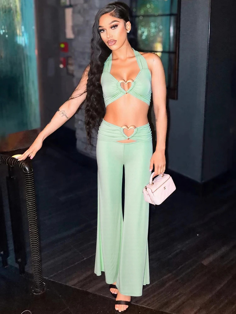 kliou Heart Splice Ruched Women 2Piece Set Casual Solid Halter Shirring Crop TanksCut Out High Waist Pants Mujer Street Outfits 250527