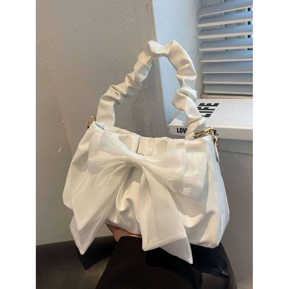 Cute Kawaii Moire Ruched Lightweight Business Casual Bow Decor Handbag For Girls Women Fashionable Shoulder Bag