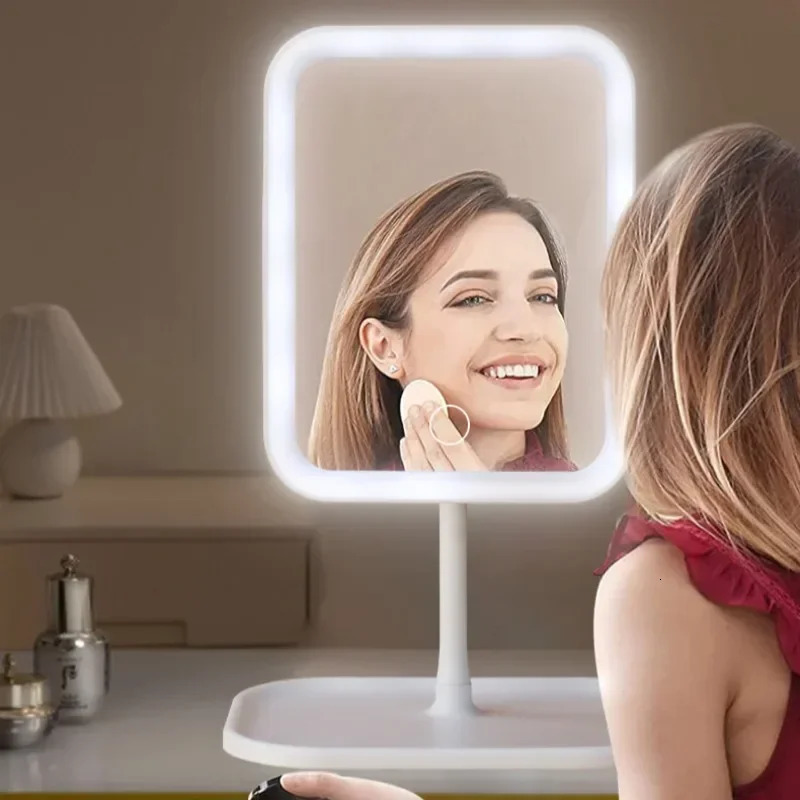 Led Light Mirror Makeup Intelligent Adjustable 3color Vanity Mirror Desktop Fill Light Mirror One Touch Charging Model 250530