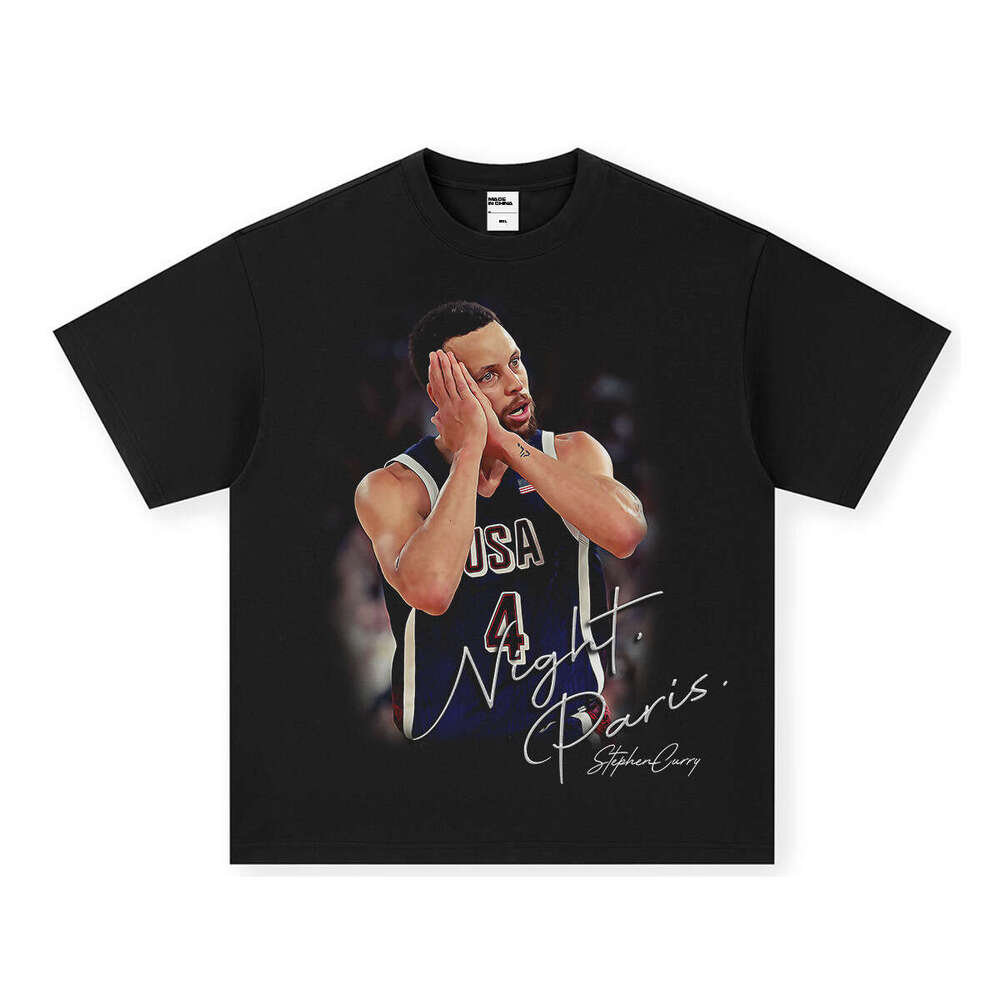Curry Sleep Paris Goodnight Short Sleeve T-Shirt Men American Street Style Printed Washed Tee