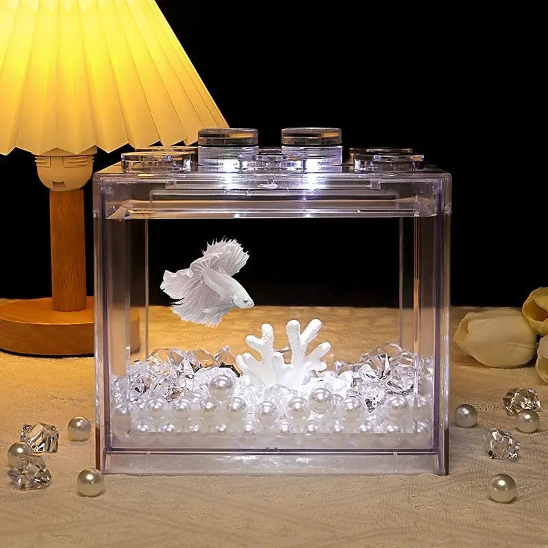 Special Tank Acrylic Net Red Block Box Glass Beads Landscape Mini Ecological Square Fish Tank Goldfish Bowl 250530
