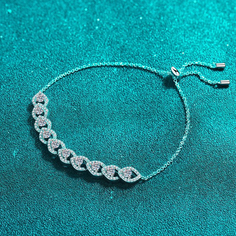 925 Sterling Silver Adjustable Heart Design Bracelet, Platinum Plated, Luxury CZ Crystal, Dainty and Elegant Jewelry for Women