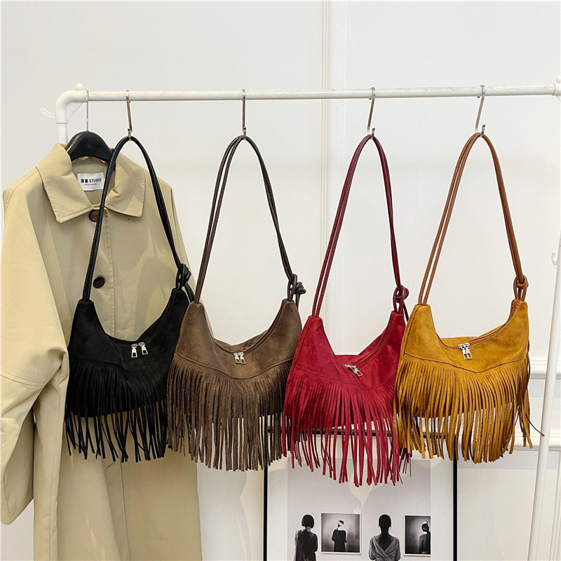 Free shipping designer bag 2024 New Leather Velvet Tassel Women's Trendy, Small and Stylish Texture, Single Shoulder Crossbody Bag