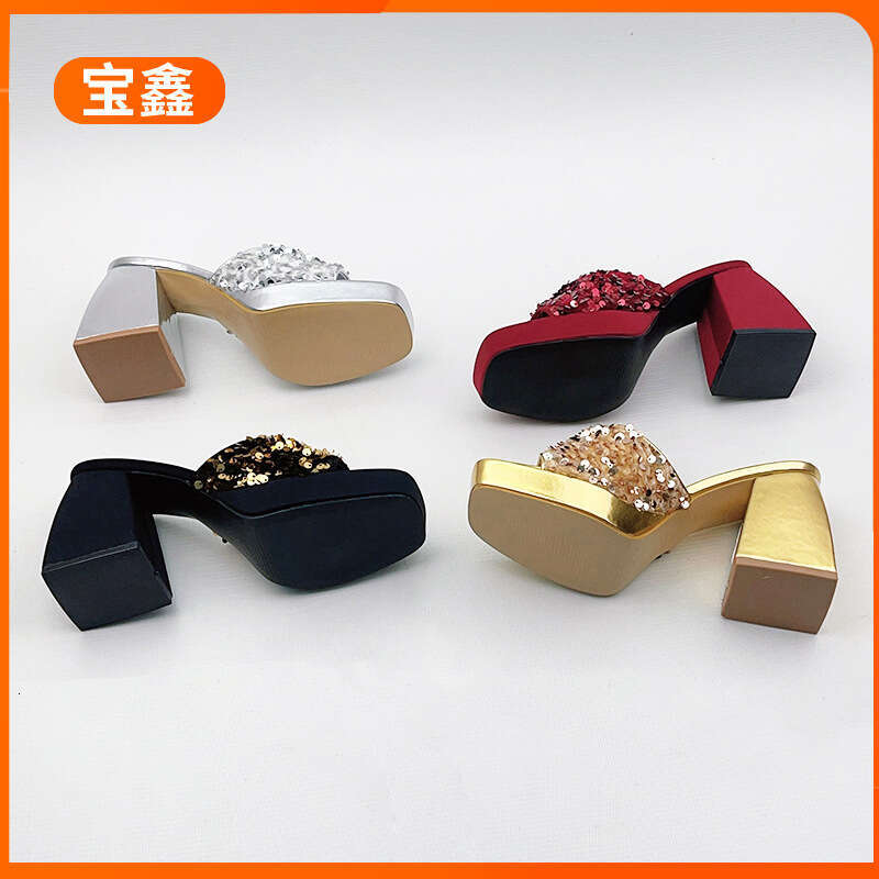 Super Slippers New Style Internet Celebrity Sequin Chunky Heel Elegant High-End Waterproof Platform Square Toe Extreme High Sandals for Women