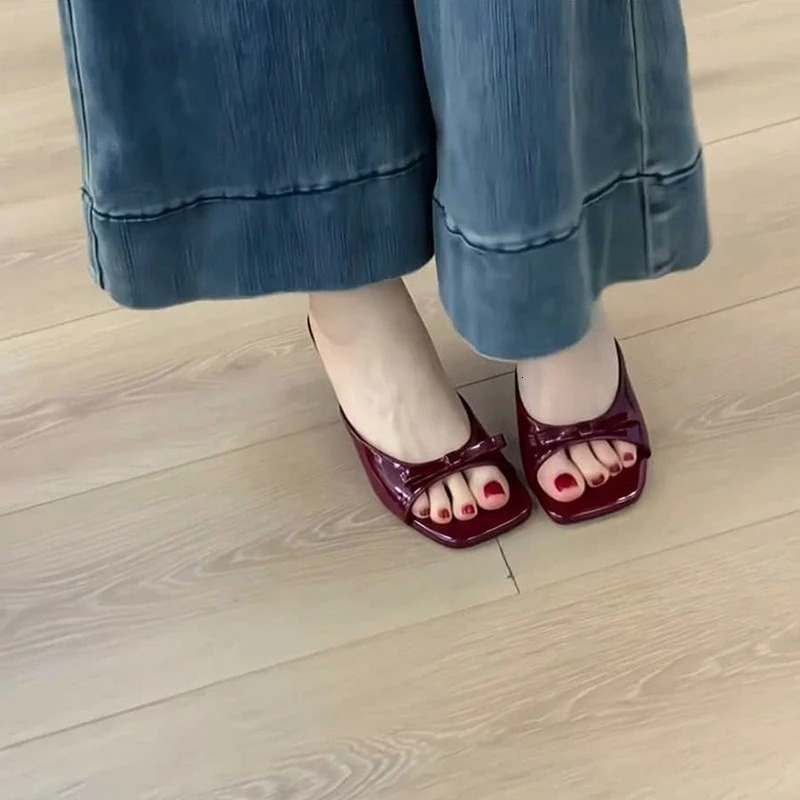 Summer Women Square Toe High Heel Slippers Fashion Butterfly-knot Dress Slide Ladies Evening Party Sandalias 250528