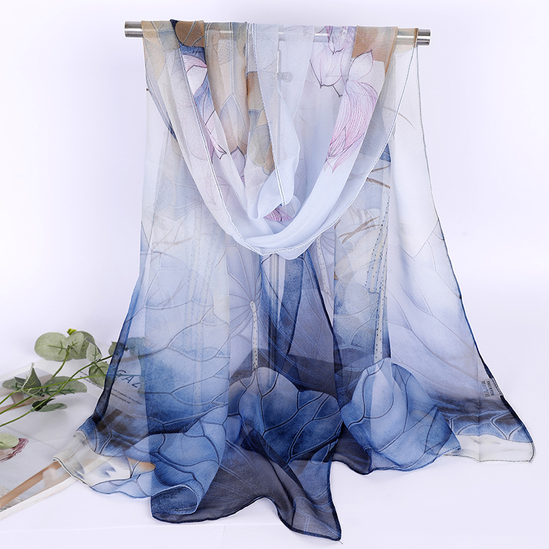 K887New thin georgette ink lotus gauze scarf spring and summer sun protection literary decorative scarf long scarf for women