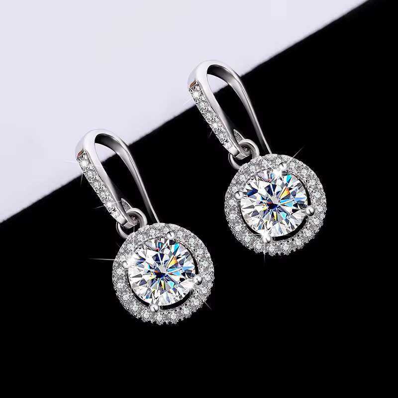NORELLE Factory Wholesale Genuine S925 Silver Earrings 1ct Moissanite White Gold Halo Fine Jewelry