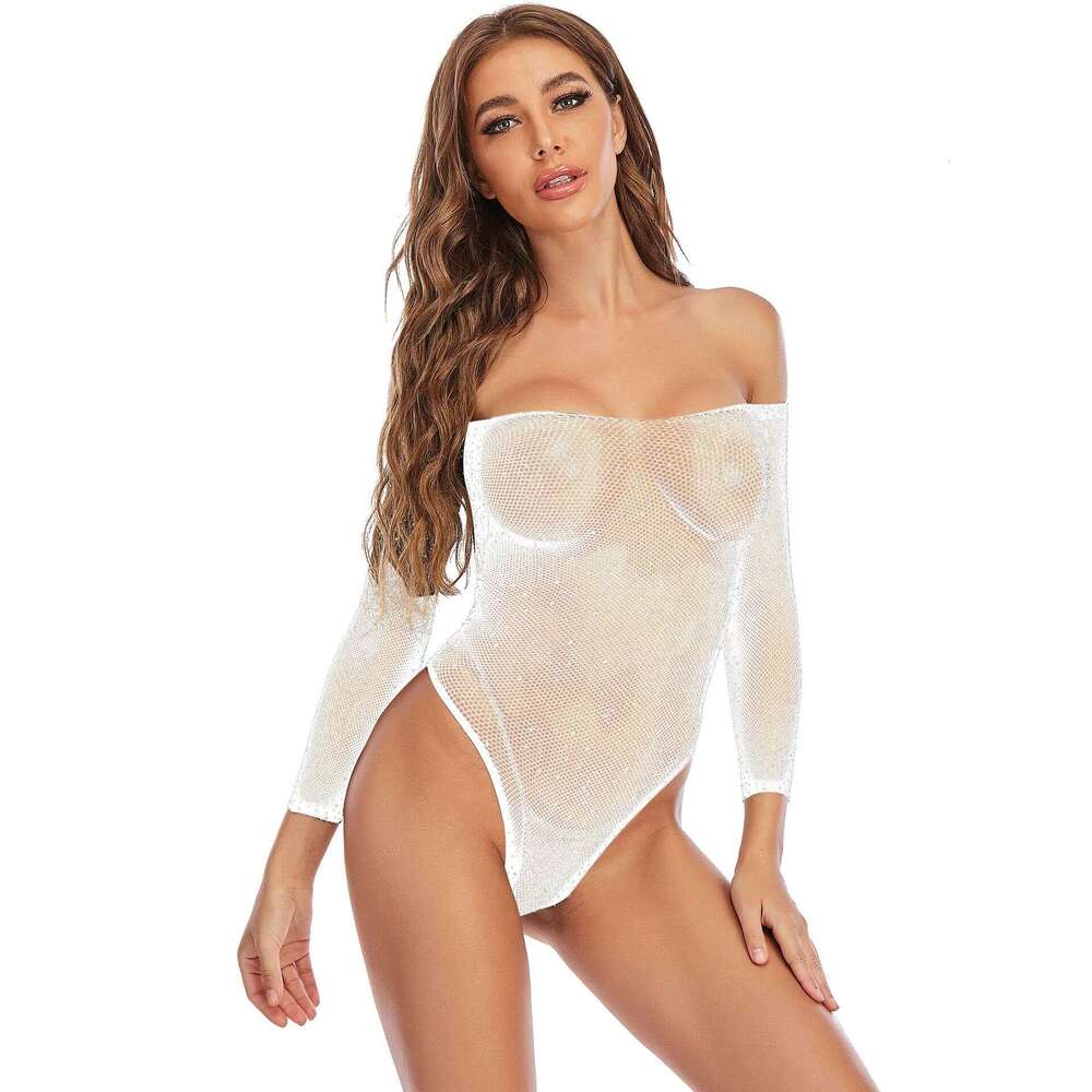 Spell Lingerie Porn Suits TZ Women S Rhinestone Shiny Sexy Lingerie Long Sleeve Small Mesh Role Play Jumpsuit Sexy Lingerie