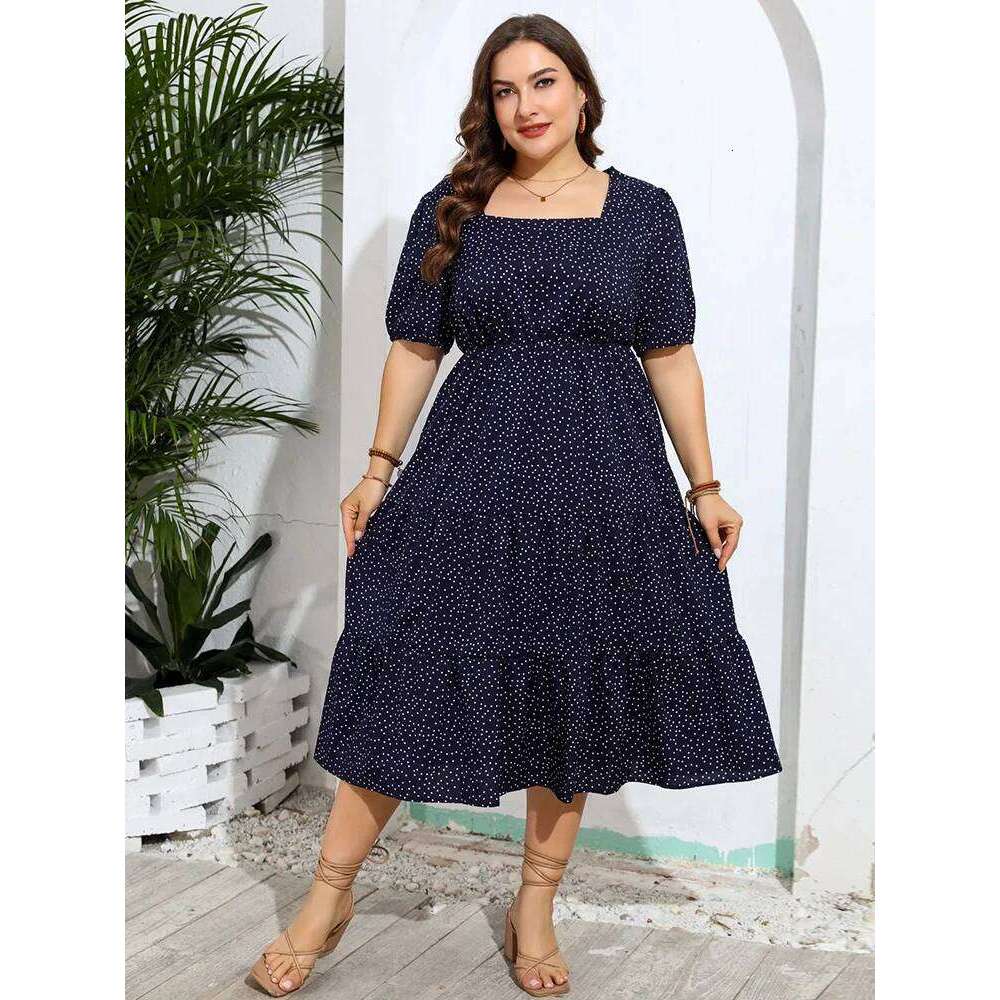 GIBSIE Plus Size Polka Dot Puff Sleeve Square Neck Dress Summer 2024 Women Vintage Casual Holiday Ruffle Hem Long Dresses High quality, fashionable, l