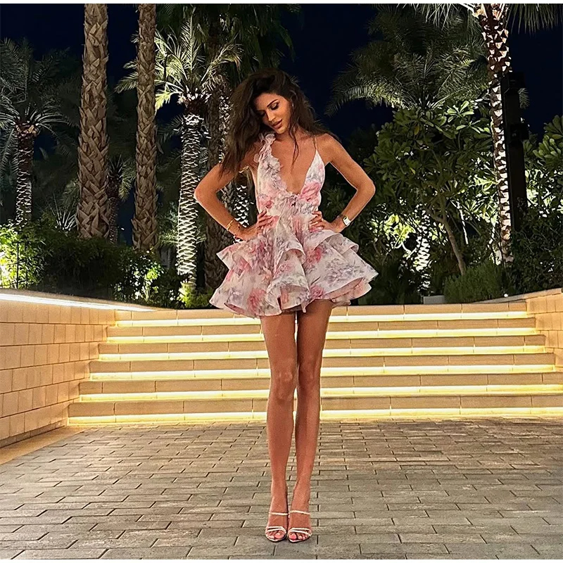 Basic Casual Dresses Summer 3D Flowers Lace Up Halter Dress Woman Printed Layered Backless Deep V-Neck Pleated Puffy Dress Fashion Women Summer Beach 
