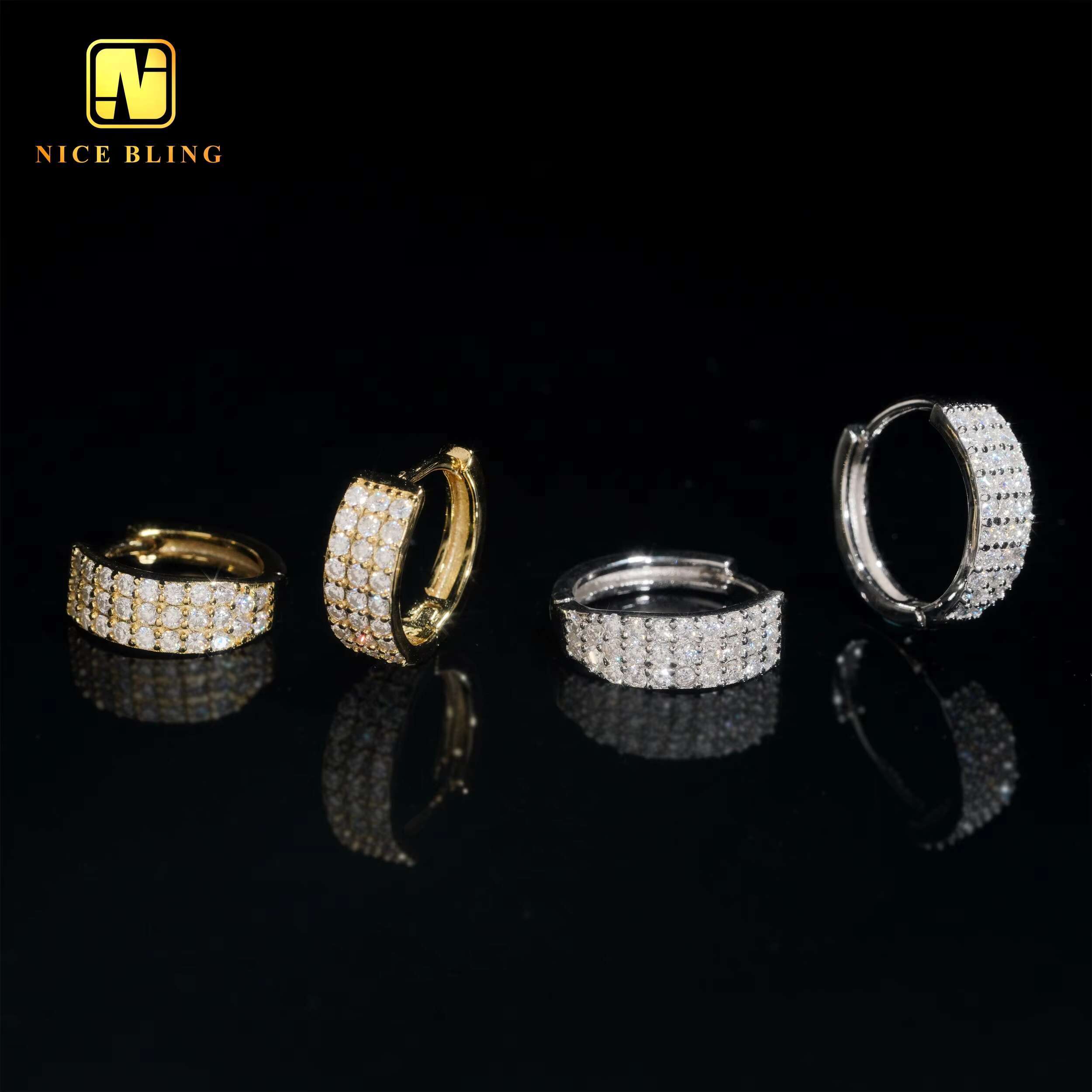 18K Gold Plated Moissanite Earrings Hip Hop Fashion Jewelry 925 Silver 3 Rows Lab Diamond Hoop Earrings for Men Women