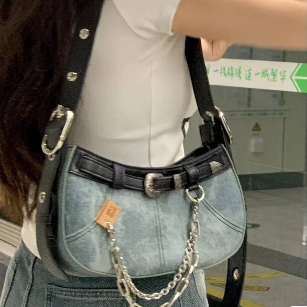 designer New Fashion Color-Block Chain Denim Fabric Bag for Women, Spicy Embroidered Underarm Bag, Single Shoulder Crossbody Bag