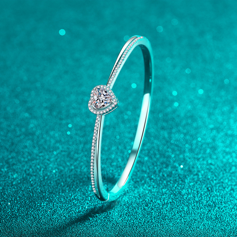 Blue Moissanite Heart Bracelet for Women 925 Sterling Silver PT950 Platinum Plated Bangle Sweet Minimalist Jewelry Gift