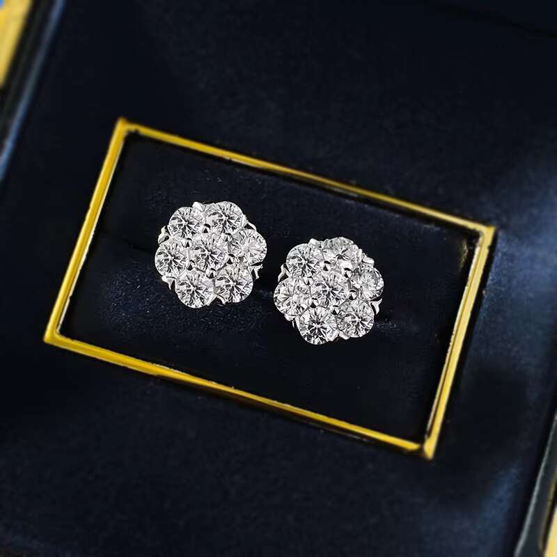 New S925 Silver Inlaid Moissanite Full Set Flower Earrings Hot Selling European and American Hip-hop Item