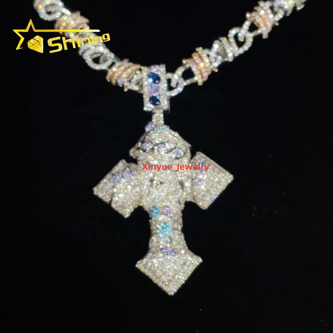 New Arrival Custom Iced Out 3D Charm Cross Pendant Moissanite Hip Hop Pendant Jewelry Multi-Colored VVS Moissanite Jesus Cross