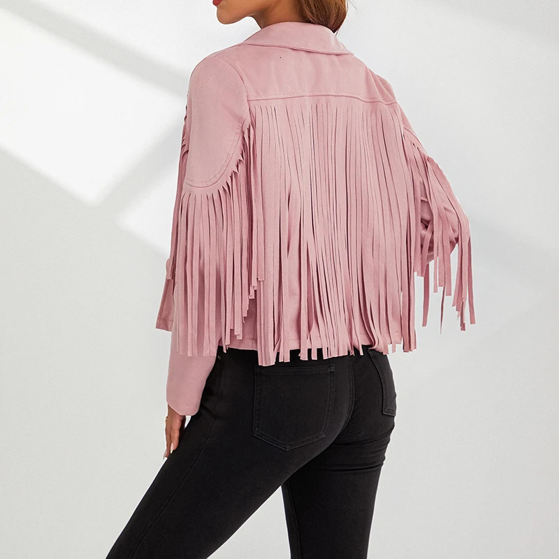 Women Spring Autumn Slim Long Sleeve Open Front Coat Solid Color Collared Jacket with Tassels Black Coffee Pink 250530