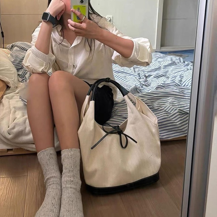 designer Korean Niche Retro Patchwork Canvas Tote Bag Fashion Versatile Shoulder Bag Handbag Large Capacity Underarm Bag
