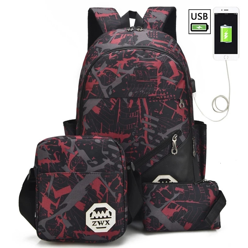 3 pcs /set USB Male backpack high school bags for women travel men school backpacks boys one student shoulder bag sac mochila 250530